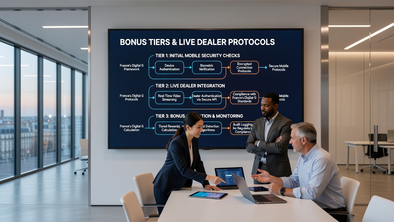 Diagram showing mobile security verification flow linked to bonus tier progression in French live dealer gaming